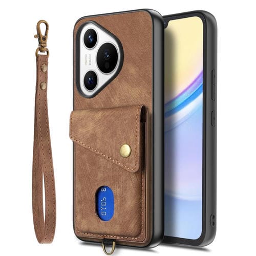 Funda de cuero plegable con correa para Huawei Pura 70 Pro / 70 Pro+, estilo retro, con tarjetero (marrón)