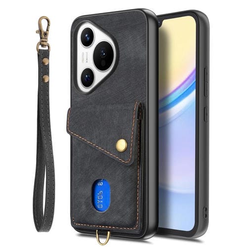 Funda plegable de cuero con correa para Huawei Pura 70 Ultra, estilo retro, con tarjetero (negro)