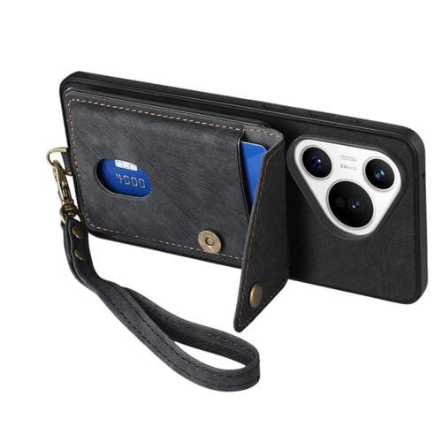 Funda plegable de cuero con correa para Huawei Pura 70 Ultra, estilo retro, con tarjetero (negro)