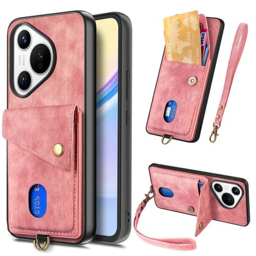 Funda plegable de cuero con correa para Huawei Pura 70 Ultra, estilo retro, con tarjetero (rosa)