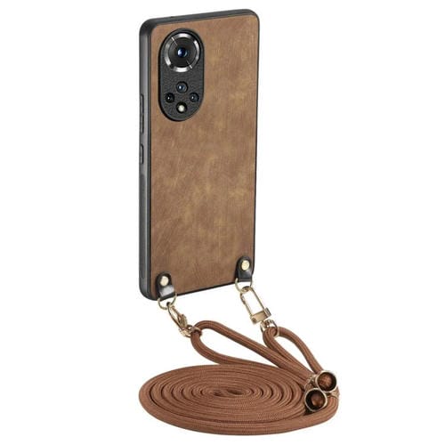 Funda de Cuero Vintage para Huawei Nova 9 con Policarbonato y Correa Cruzada (Marrón)