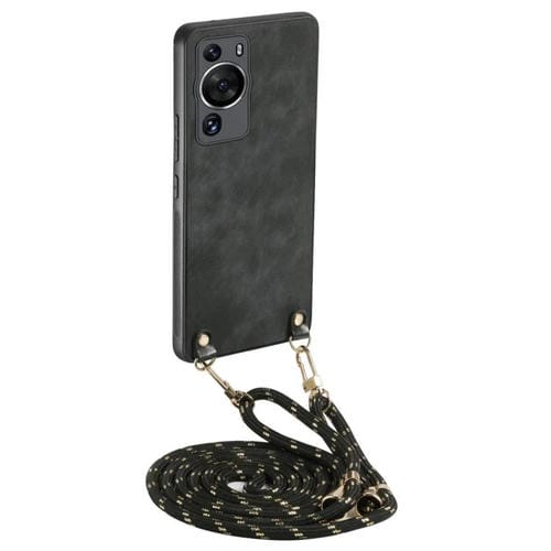 Funda de Cuero Vintage para Huawei P60 con Parte Trasera de Policarbonato y Correa Cruzada (Negra)