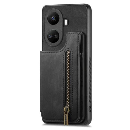 Funda de Cuero Retro con Cremallera para Huawei Nova 10 Se (Negra)