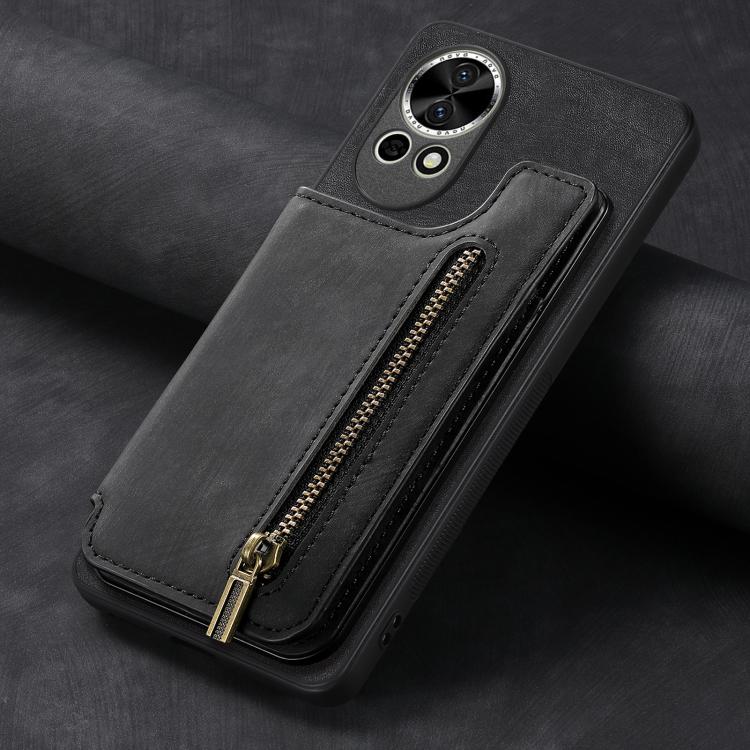 Funda de Cuero Retro con Cremallera para Huawei Nova 10 Se (Negra)