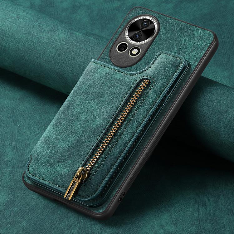 Funda de Cuero Retro con Cremallera para Huawei Nova 9 Se (Verde)