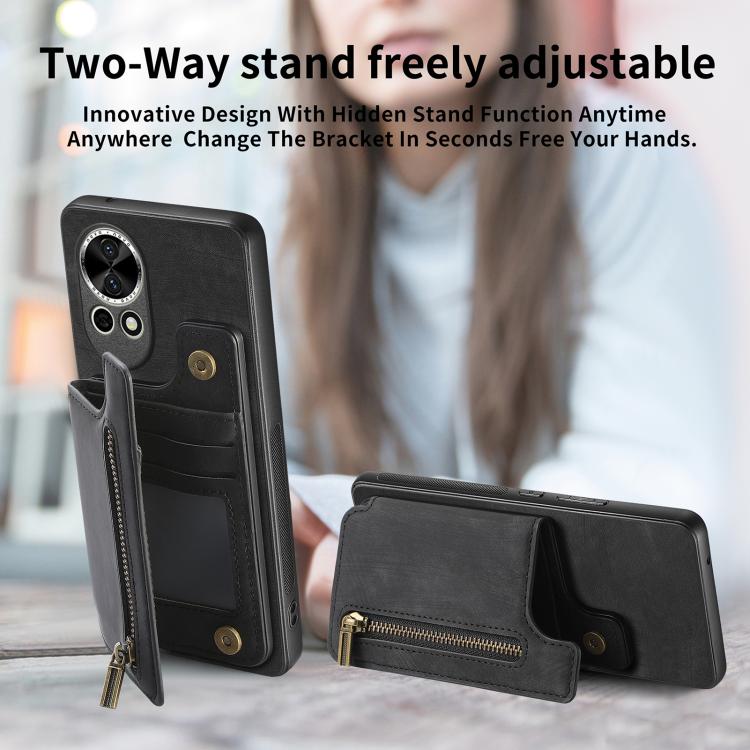 Funda de Cuero Retro con Cremallera para Huawei P60 Pro (Marrón)