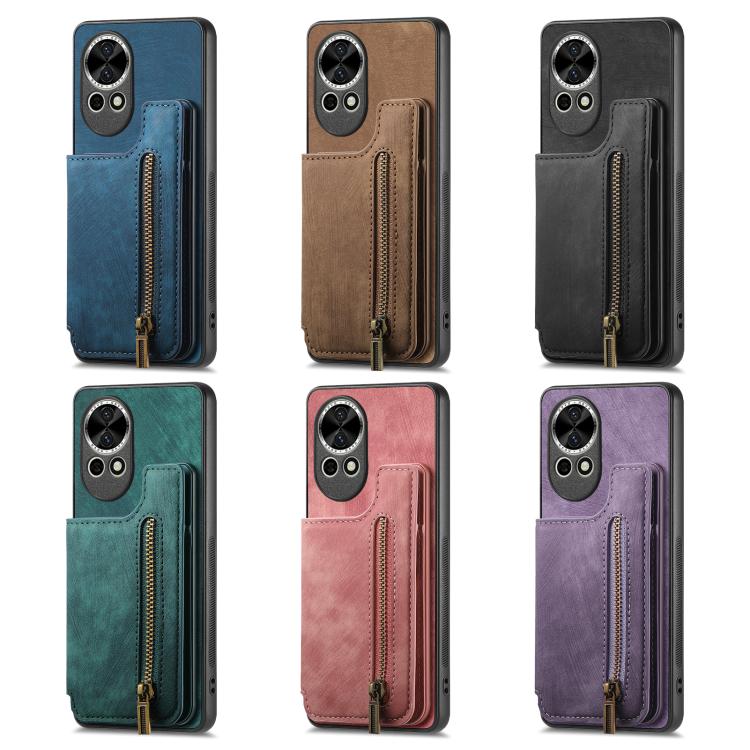 Funda de Cuero Retro con Cremallera para Huawei Nova 10 Se (Azul)