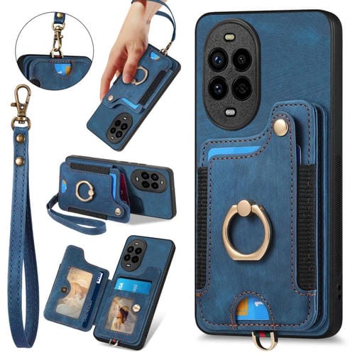 Funda para Teléfono Huawei Nova 13 Pro con Billetera MultiTarjeta, Anillo y Diseño Retro (Azul)