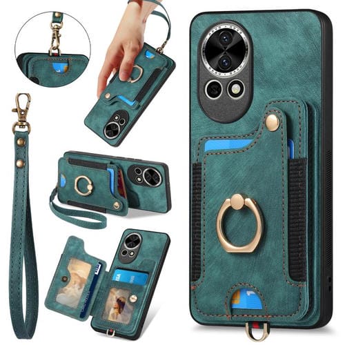 Funda para Teléfono Huawei Nova 12 con Billetera MultiTarjeta, Diseño Retro, Sensación de Piel y Anillo (Verde)