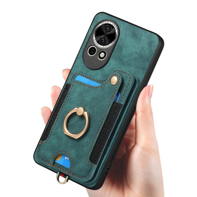Funda para Teléfono Huawei Nova 12 con Billetera MultiTarjeta, Diseño Retro, Sensación de Piel y Anillo (Verde)