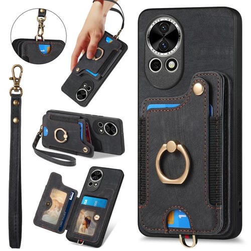 Funda para Teléfono Huawei Nova 12 con Billetera MultiTarjeta Diseño Retro Anillo (Negra)