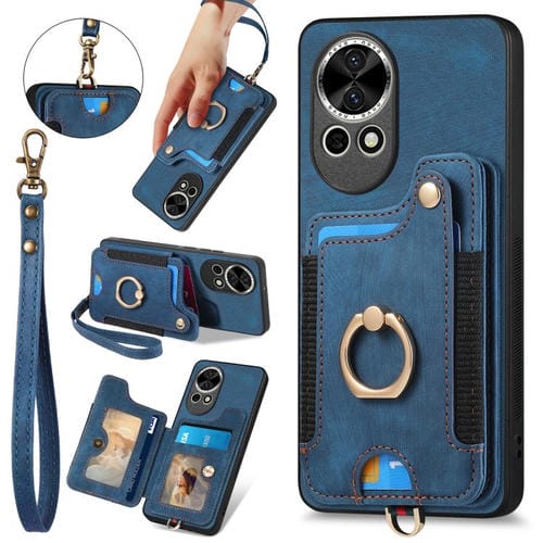 Funda para Teléfono Huawei Nova 12 con Billetera MultiTarjeta Diseño Retro y Anillo (Azul)