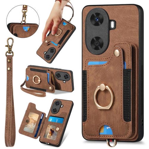 Funda para Teléfono Huawei Enjoy 60 con Billetera MultiTarjeta, Diseño Retro, Anillo y Tacto de Piel (Marrón)
