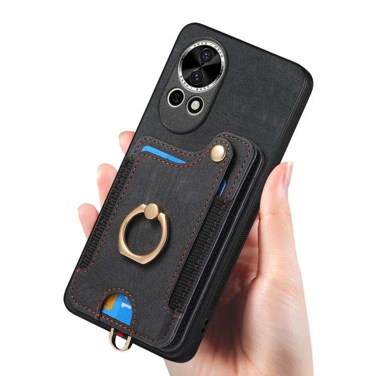 Funda para Huawei Nova 9 Se con Billetera MultiTarjeta, Diseño Retro, Piel Sintética y Anillo (Negra)