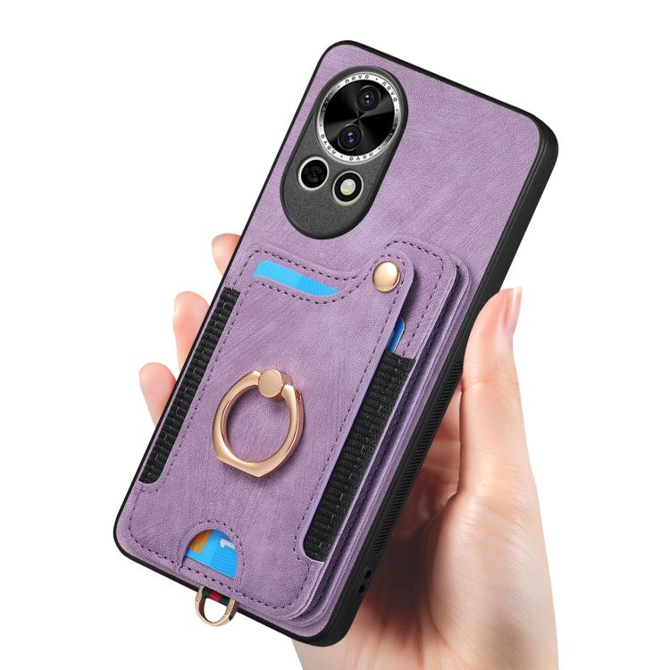 Funda para Teléfono Huawei P50 Pro con Billetera MultiTarjeta, Diseño Retro, Piel Sintética y Anillo (Morado)