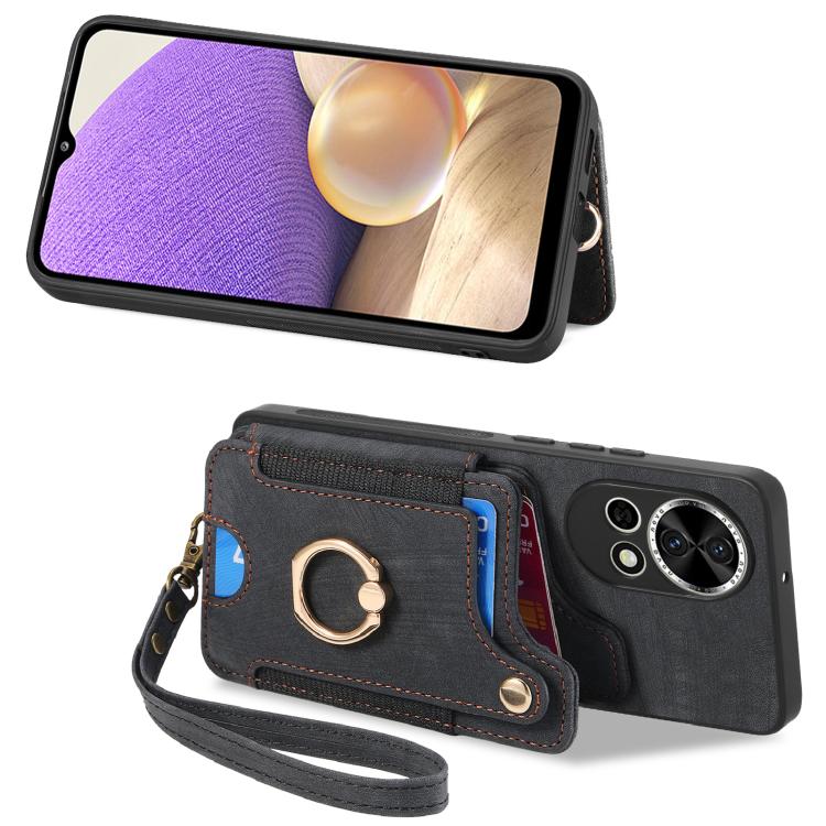 Funda para Teléfono Huawei Nova Y70/Y70+ con Billetera MultiTarjeta, Diseño Retro, Anillo y Tacto de Piel (Negra)