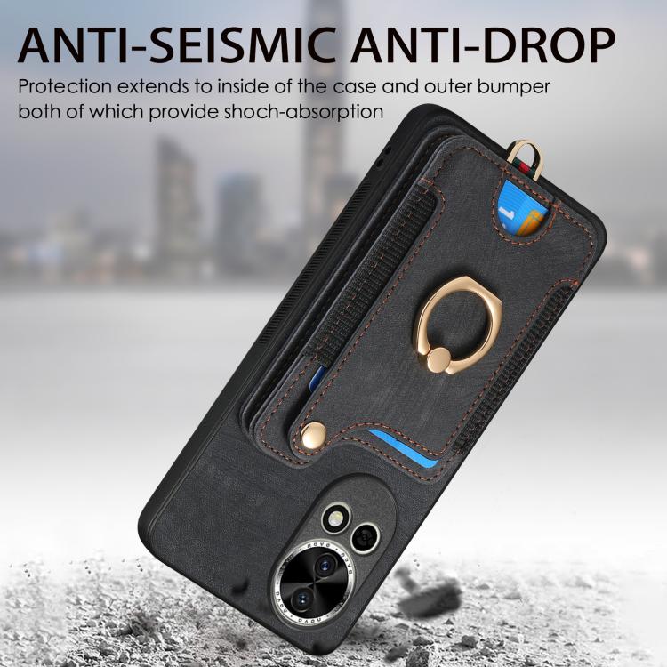 Funda para Huawei Nova 9 con Billetera MultiTarjeta, Diseño Retro, Sensación de Piel y Anillo (Negra)