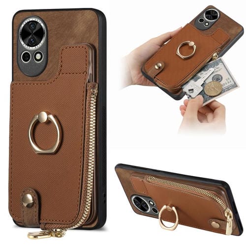 Funda para Teléfono Huawei Nova 13 con Cremallera Vertical y Anillo de Cuero Cruzado (Marrón)