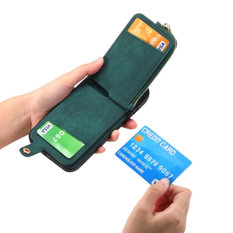 Funda para Teléfono Huawei Enjoy 70 con Cremallera Vertical y Anillo de Cuero Cruzado (Verde)