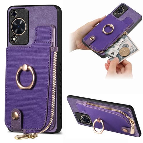 Funda para Teléfono Huawei Enjoy 70 con Cremallera Vertical y Anillo de Cuero Cruzado (Morado)