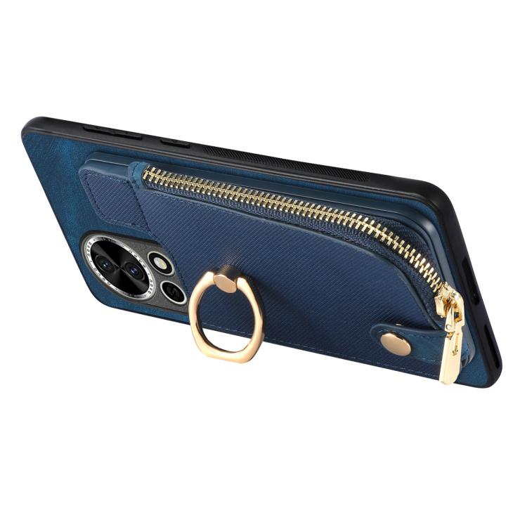 Funda para Teléfono Huawei Enjoy 70 con Cremallera Vertical y Anillo de Cuero Cruzado (Azul)