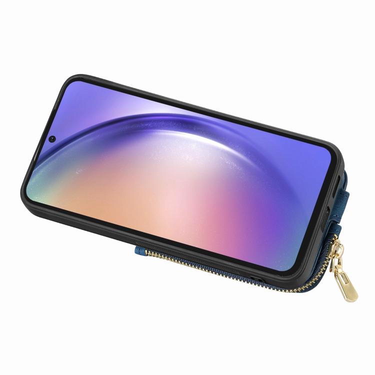 Funda para Teléfono Huawei Enjoy 70 con Cremallera Vertical y Anillo de Cuero Cruzado (Azul)