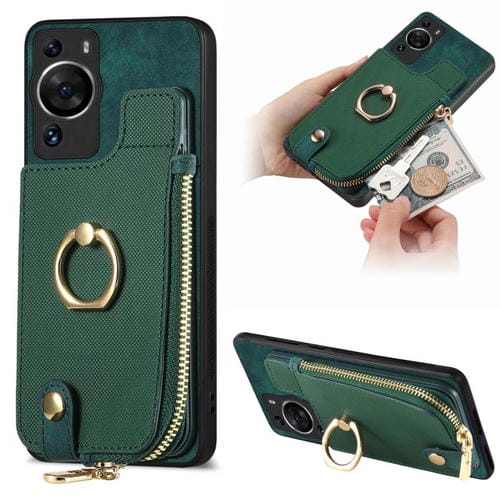 Funda para Teléfono Huawei P60 Pro con Cremallera Vertical y Anillo de Cuero Cruzado (Verde)