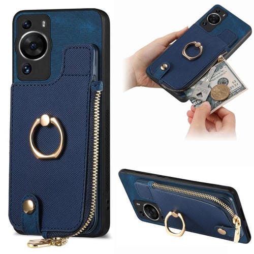 Funda para Teléfono Huawei P60 Pro con Cremallera Vertical y Anillo de Cuero Cruzado (Azul)