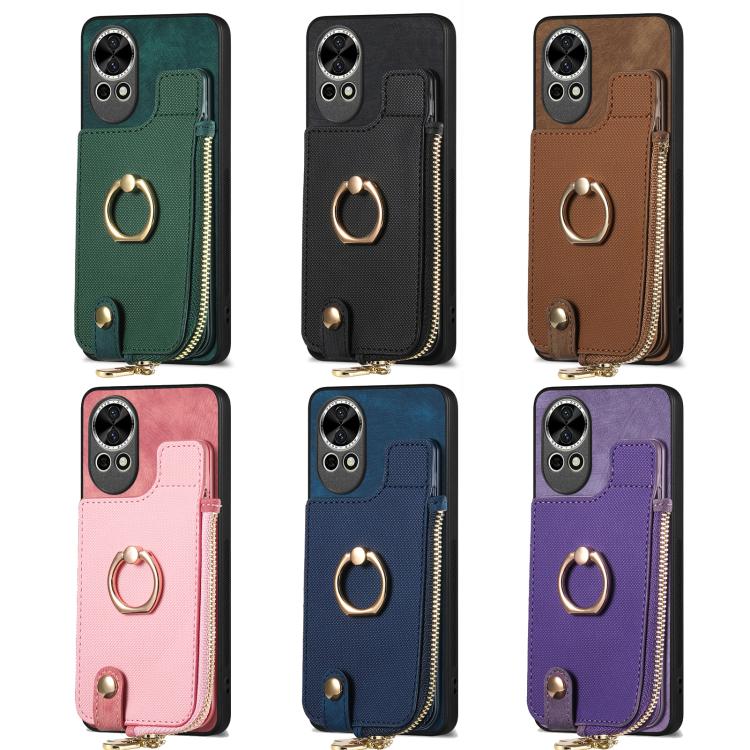 Funda para Teléfono Huawei Nova Y70 Y70+ con Cremallera Vertical y Anillo de Cuero Cruzado (Marrón)