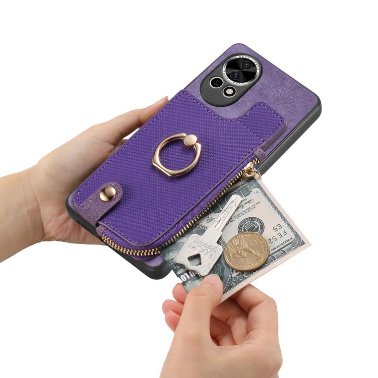 Funda para Teléfono Huawei Nova Y70 Y70+ con Cremallera Vertical y Anillo de Cuero Cruzado (Marrón)
