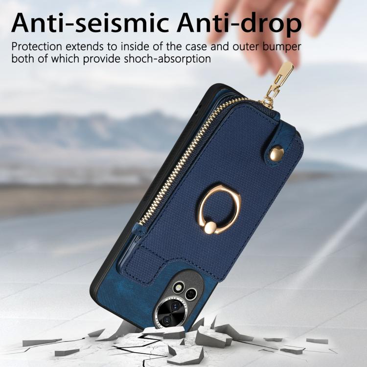 Funda para Teléfono Huawei Nova Y70 Y70+ con Cremallera Vertical y Anillo de Cuero Cruzado (Marrón)