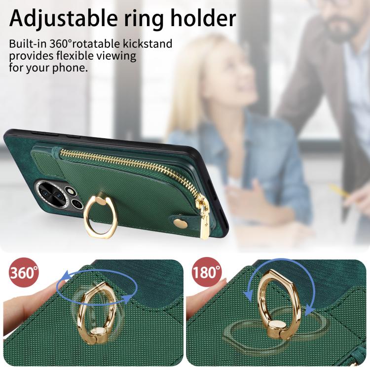 Funda para Teléfono Huawei Nova Y70 Y70+ con Cremallera Vertical y Anillo de Cuero Cruzado (Marrón)