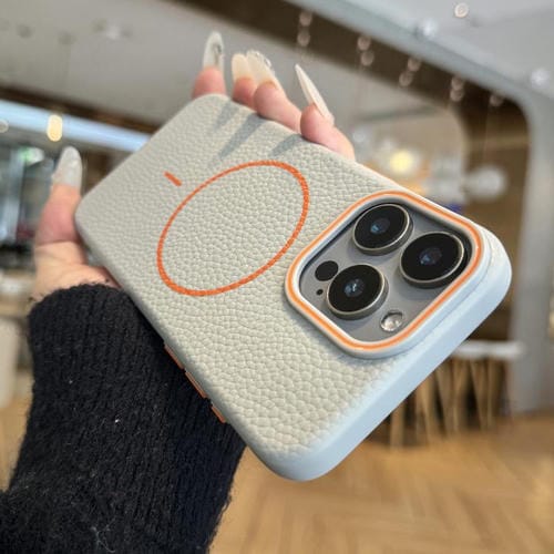 Funda TPU iPhone 14 Pro Max Diseño Grano de Lichi Anillo Naranja Magsafe (Gris)