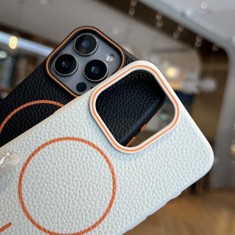 Funda TPU iPhone 13 Pro Diseño Grano de Lichi Anillo Naranja Magsafe (Gris)