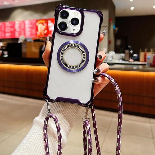 Funda de Teléfono TPU con Cuatro Esquinas y Cordón para iPhone 11 Pro Max Traveler Crossbody (Morado)