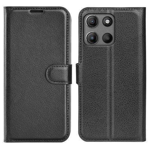 Funda de Cuero con Tapa Horizontal y Textura de Lichi para Motorola Moto G15 con Soporte (Negro)