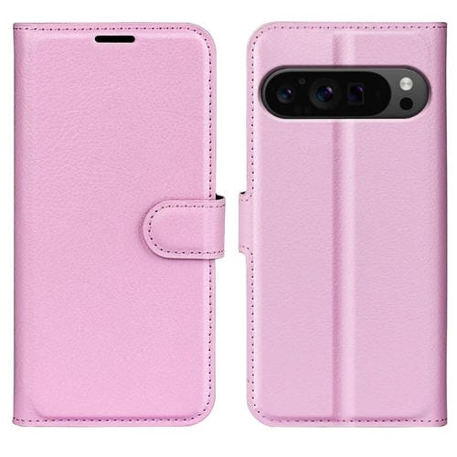 Funda de Cuero con Tapa Horizontal y Textura de Lichi para Google Pixel 9 Pro XL con Soporte (Rosa)