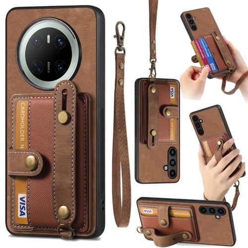 Funda de Cuero Tipo Cartera Huawei Mate 70 Diseño Retro Pulsera Cruzada (Marrón)
