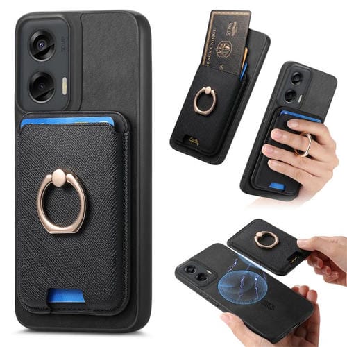 Funda para Motorola Moto G Stylus 5G (2024) con Ranuras para Tarjetas y Anillo de Cuero (Negro)