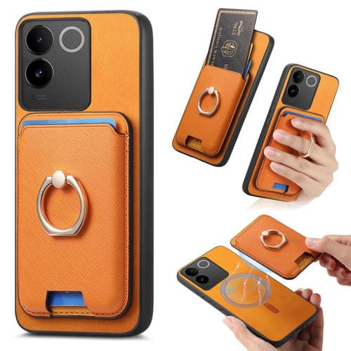 Funda para Vivo Iqoo 11 Pro 5G con Anillo de Cuero Retro Cruzado y Ranuras para Tarjetas, con Inserción Vertical, Magsafe (Amarilla)