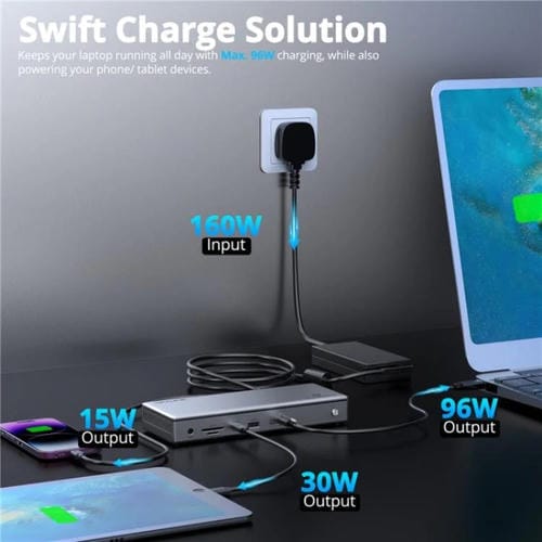 Estación de Acoplamiento Wavlink Utd45 96 W con Carga para Pantallas 8K/4K y Thunderbolt 4 Concentrador 13 en 1 (Enchufe Estadounidense)