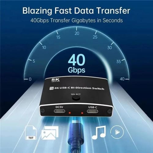 Conmutador Bidireccional Tipo C U8K1 con Carga Rápida 100 W, USB C 40 Gbps y Salida de Video 8K