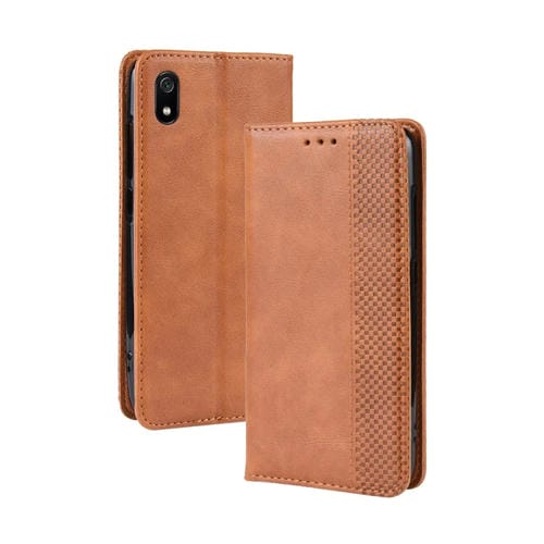 Funda de Cuero con Tapa Horizontal con Textura de Caballo Loco Retro con Hebilla Magnética para Xiaomi Redmi 7A, con Soporte, Ranuras para Tarjetas y Marco de Fotos (Marrón)