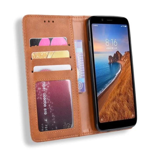 Funda de Cuero con Tapa Horizontal con Textura de Caballo Loco Retro con Hebilla Magnética para Xiaomi Redmi 7A, con Soporte, Ranuras para Tarjetas y Marco de Fotos (Marrón)