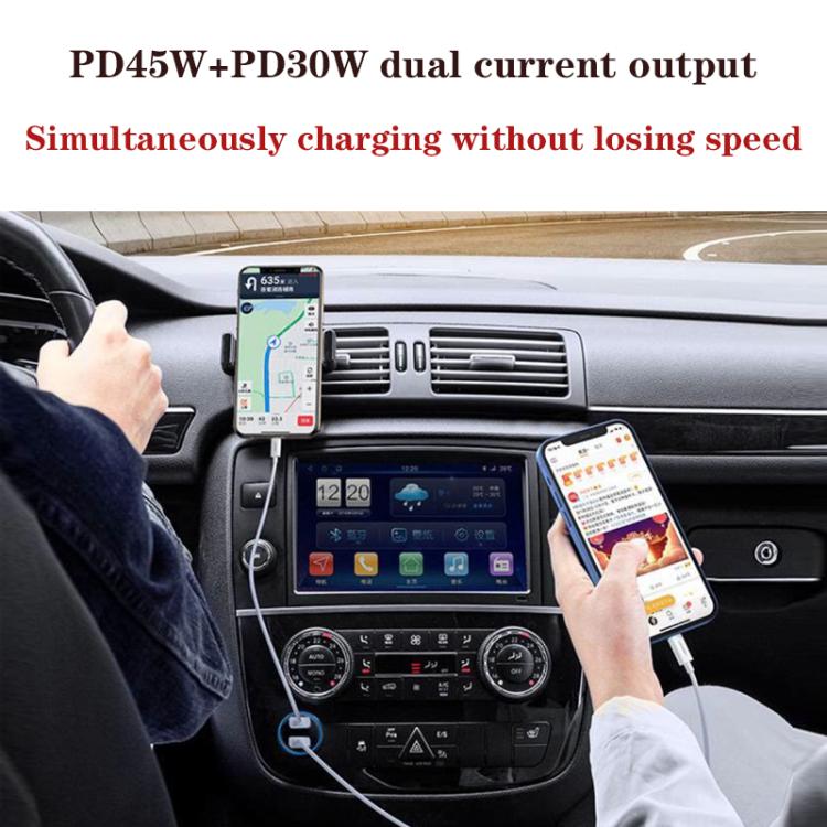 Cargador de coche PD45W + PD30W de doble puerto tipo C con cable de datos USB-C a USB-C (negro)