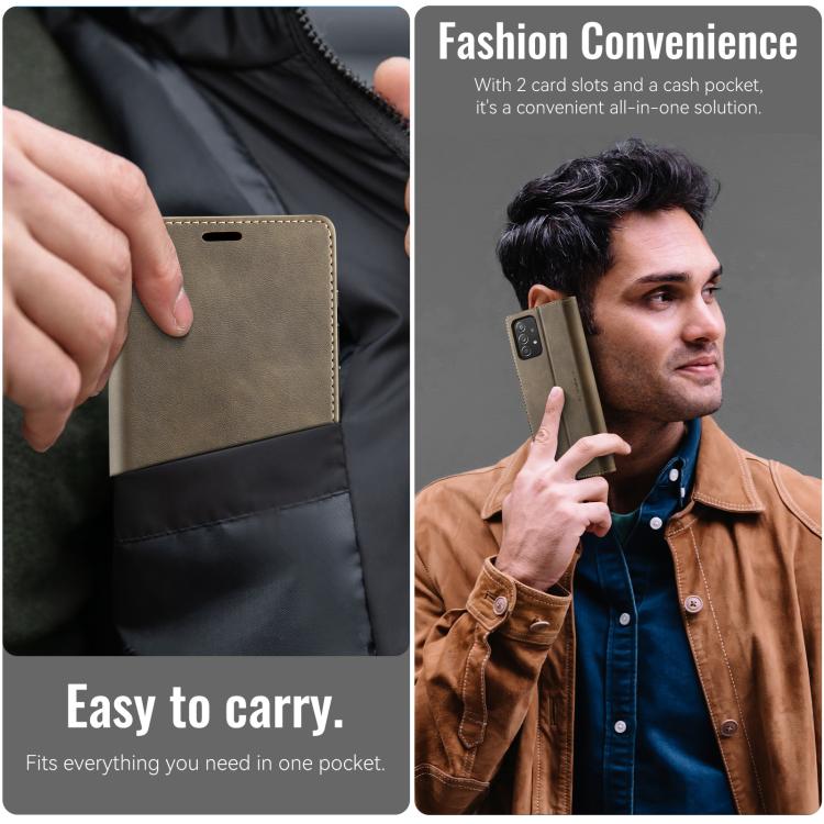 Funda CaseMe 033 para Samsung Galaxy A52/A52S 5G, forro de piel de becerro, microfibra, con bloqueo RFID (café)