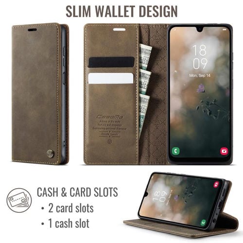 Funda CaseMe 033 para Samsung Galaxy A13/A04s, forro de piel de becerro, microfibra y bloqueo RFID (café)