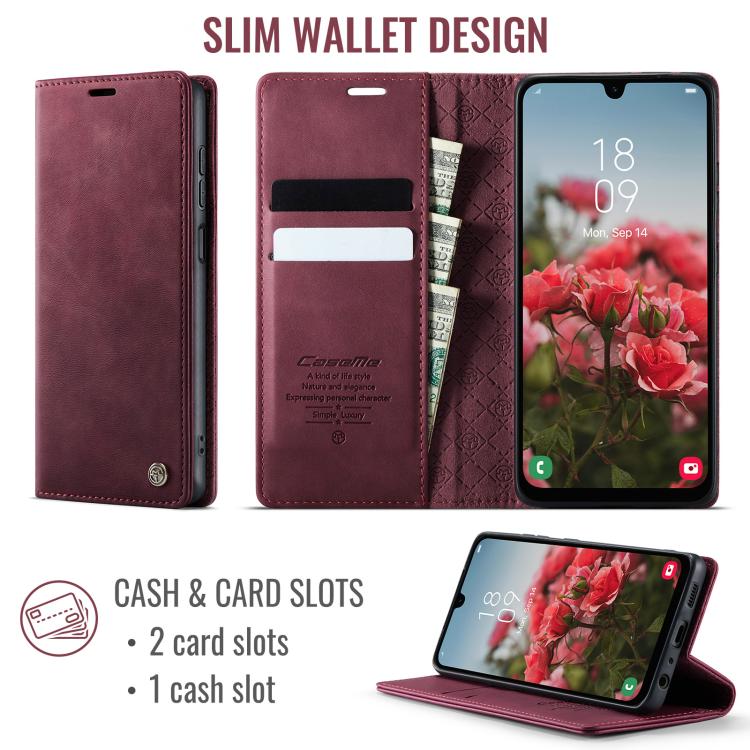 Funda CaseMe 033 para Samsung Galaxy A13/A04s, forro de piel de becerro, microfibra y bloqueo RFID (roja)