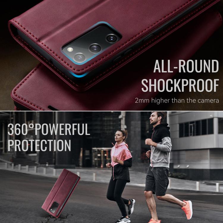 Funda CaseMe 033 para Samsung Galaxy S20 FE, forro de piel de becerro, microfibra, con bloqueo RFID (roja)