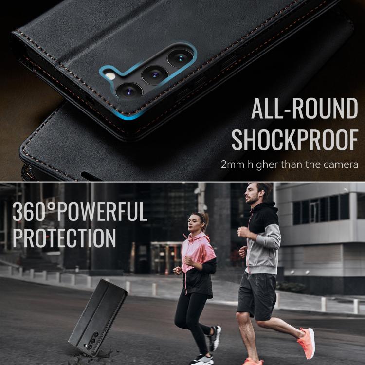 Funda CaseMe 033 para Samsung Galaxy S23 5G, forro de piel de becerro, microfibra y bloqueo RFID (negra)